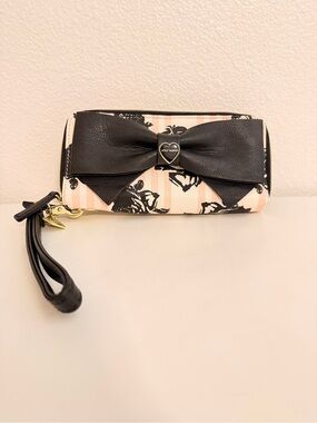 Betsey Johnson Pink Cream Black Floral Bow Wristlet
